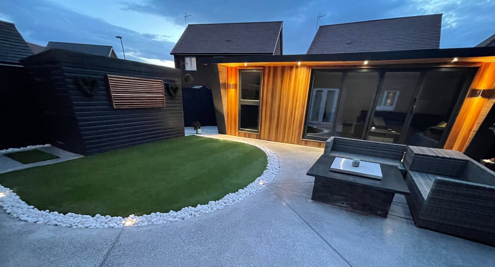 Outdoor evening patio polished concrete