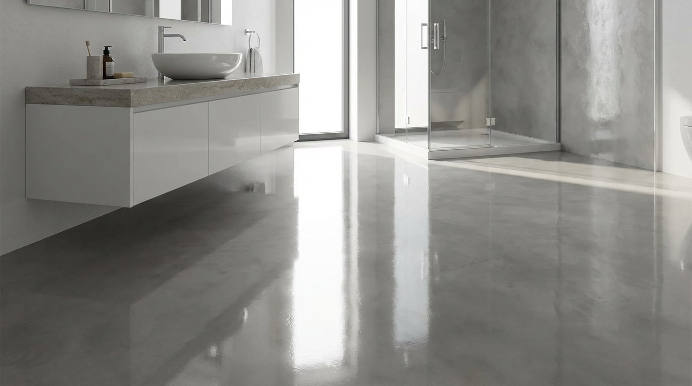 High gloss microcement floor — mirror polished finish